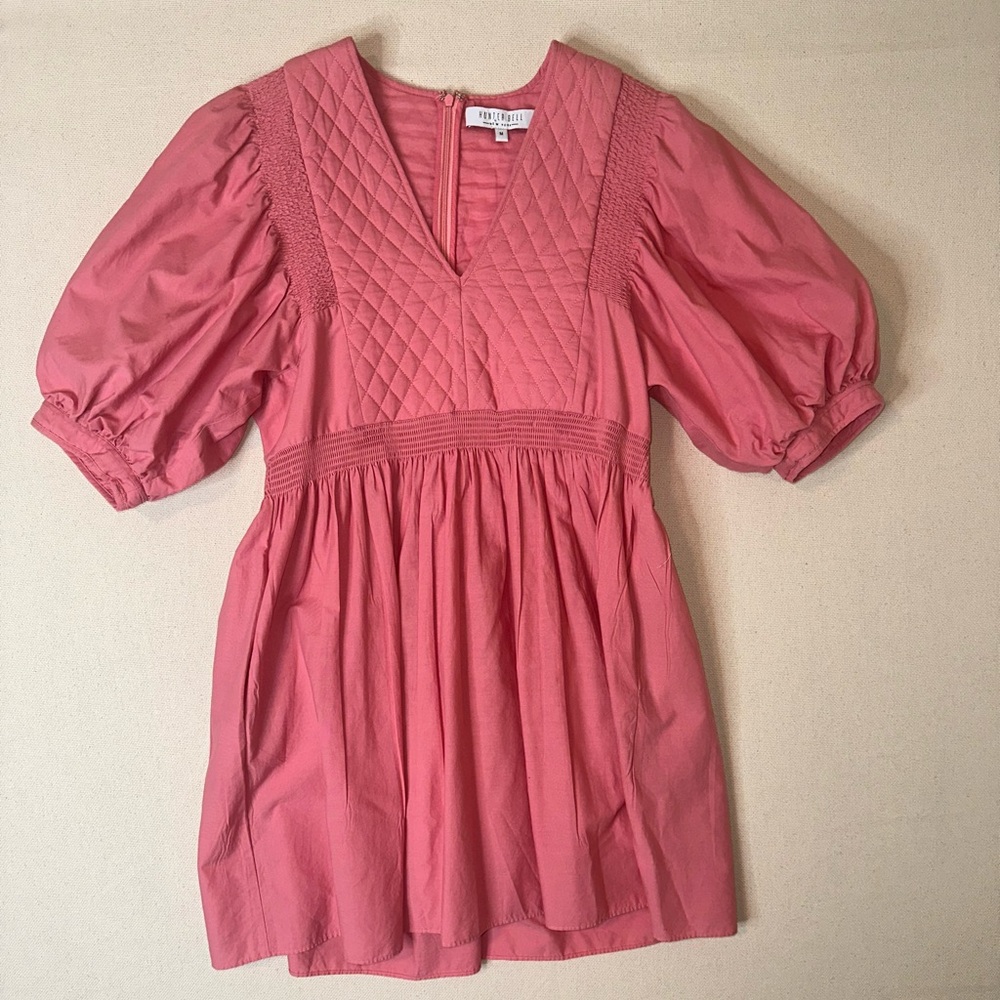 Hunter Bell Dixon Quilted Mini Dress Coral Pink V-Neck Puff Sleeve Medium